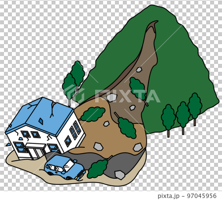 Isometric illustration of a house damaged by a landslide in a nearby mountain Isometric illustration of a house damaged by a landslide in a nearby mountain 97045956