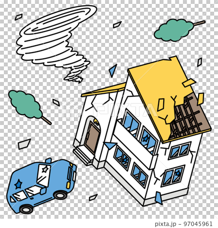 Isometric illustration of houses and cars damaged by tornado Isometric illustration of houses and cars damaged by tornado 97045961