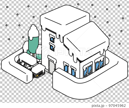 Isometric illustration of a house and a car suffering from heavy snow and snow damage 97045962