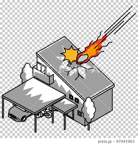 Isometric illustration of a house damaged by a meteorite 97045963
