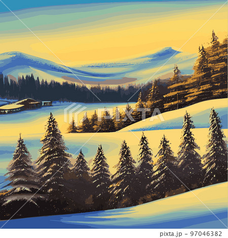 Vintage Christmas landscape wide background Illustration retro Christmas landscape background, with echoes, snowy and elegant winter and new year holidays. Winter rural landscape. Vector illustration 97046382