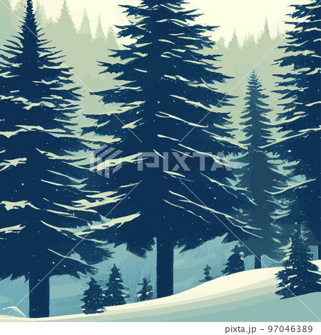 Vintage Christmas landscape wide background Illustration retro Christmas landscape background, with echoes, snowy and elegant winter and new year holidays. Winter rural landscape. Vector illustration 97046389