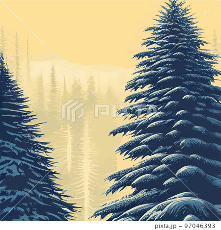 Vintage Christmas landscape wide background Illustration retro Christmas landscape background, with echoes, snowy and elegant winter and new year holidays. Winter rural landscape. Vector illustration 97046393