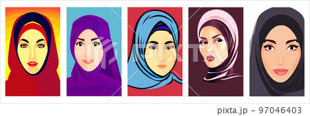 Set of vertical portraits. Young arab business woman in hijab. The face of a Muslim girl is covered with a scarf. Vector illustration. Happy International Women's Day. Portrait of Asian Muslim Woman 97046403