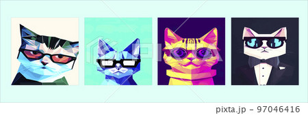 Set of square posters. Hand drawn portrait of a cat in a geometric polygon with sunglasses. Vector isolated elements. Cat with glasses. Print design, kids t-shirt print Set of square posters. Hand drawn portrait of a cat in a geometric polygon with sunglasses. Vector isolated elements. Cat with glasses. Print design, kids t-shirt print 97046416