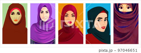 Set of vertical portraits. Young arab business woman in hijab. The face of a Muslim girl is covered with a scarf. Vector illustration. Happy International Women's Day. Portrait of Asian Muslim Woman Set of vertical portraits. Young arab business woman in hijab. The face of a Muslim girl is covered with a scarf. Vector illustration. Happy International Women's Day. Portrait of Asian Muslim Woman 97046651