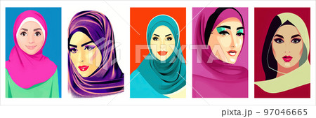 Set of vertical portraits. Young arab business woman in hijab. The face of a Muslim girl is covered with a scarf. Vector illustration. Happy International Women's Day. Portrait of Asian Muslim Woman 97046665