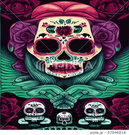 Traditional vetor illustration Day of Dead holiday, Mexican with sugar skulls tribute deceased. with floral ornament flower garland. design fabrics, textiles, paper, wallpapers Retro. Vintage style. Traditional vetor illustration Day of Dead holiday, Mexican with sugar skulls tribute deceased. with floral ornament flower garland. design fabrics, textiles, paper, wallpapers Retro. Vintage style. 97046818