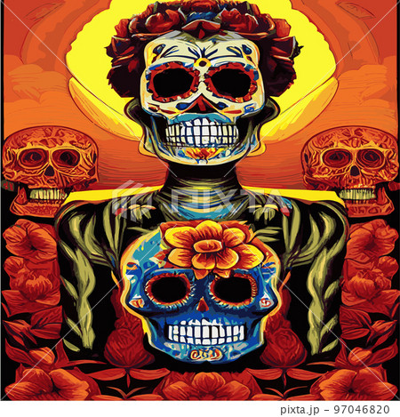 Traditional vetor illustration Day of Dead holiday, Mexican with sugar skulls tribute deceased. with floral ornament flower garland. design fabrics, textiles, paper, wallpapers Retro. Vintage style. 97046820