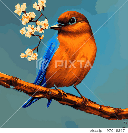 Bird sits branch cherry blossoms. Nightingaleのイラスト