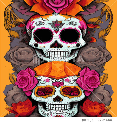 Traditional vetor illustration Day of Dead holiday, Mexican with sugar skulls tribute deceased. with floral ornament flower garland. design fabrics, textiles, paper, wallpapers Retro. Vintage style. Traditional vetor illustration Day of Dead holiday, Mexican with sugar skulls tribute deceased. with floral ornament flower garland. design fabrics, textiles, paper, wallpapers Retro. Vintage style. 97046881