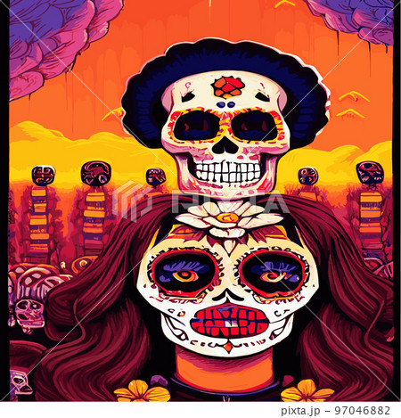 Traditional vetor illustration Day of Dead holiday, Mexican with sugar skulls tribute deceased. with floral ornament flower garland. design fabrics, textiles, paper, wallpapers Retro. Vintage style. Traditional vetor illustration Day of Dead holiday, Mexican with sugar skulls tribute deceased. with floral ornament flower garland. design fabrics, textiles, paper, wallpapers Retro. Vintage style. 97046882