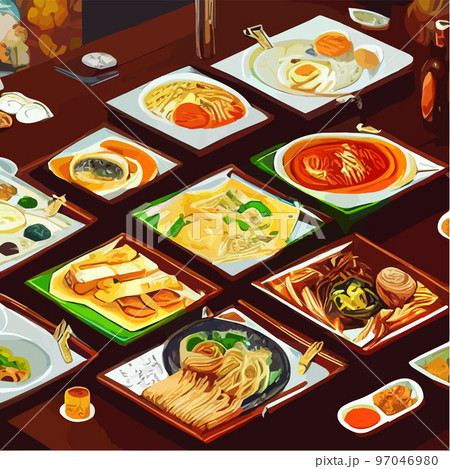 Asian food engraved on the table. Noodle dishes at the top of the view. Food menu design with cooked noodles. vector illustration. Asian cuisine menu. Food from national cuisine on the table. Asian food engraved on the table. Noodle dishes at the top of the view. Food menu design with cooked noodles. vector illustration. Asian cuisine menu. Food from national cuisine on the table. 97046980