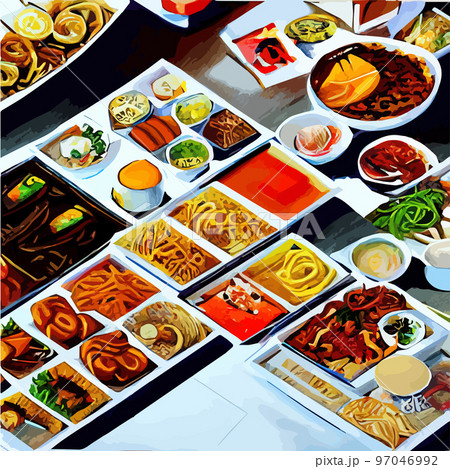 Asian food engraved on the table. Noodle dishes at the top of the view. Food menu design with cooked noodles. vector illustration. Asian cuisine menu. Food from national cuisine on the table. 97046992