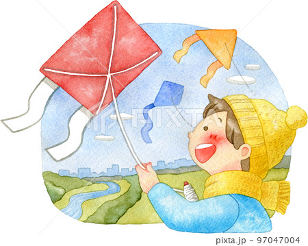 河川敷で凧あげをする子どものイラスト(背景付き) 97047004