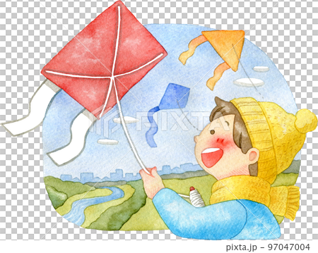 河川敷で凧あげをする子どものイラスト(背景付き) 97047004