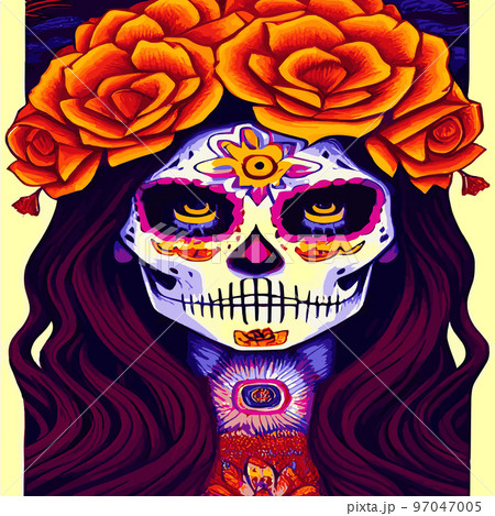 Traditional vetor illustration Day of Dead holiday, Mexican with sugar skulls tribute deceased. with floral ornament flower garland. design fabrics, textiles, paper, wallpapers Retro. Vintage style. Traditional vetor illustration Day of Dead holiday, Mexican with sugar skulls tribute deceased. with floral ornament flower garland. design fabrics, textiles, paper, wallpapers Retro. Vintage style. 97047005