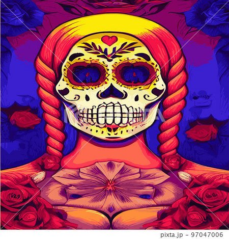 Traditional vetor illustration Day of Dead holiday, Mexican with sugar skulls tribute deceased. with floral ornament flower garland. design fabrics, textiles, paper, wallpapers Retro. Vintage style. 97047006