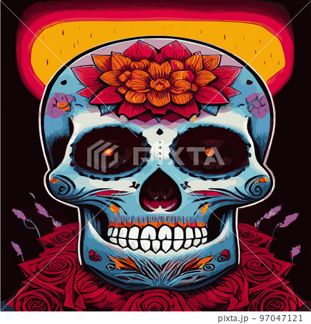 Traditional vetor illustration Day of Dead holiday, Mexican with sugar skulls tribute deceased. with floral ornament flower garland. design fabrics, textiles, paper, wallpapers Retro. Vintage style. 97047121
