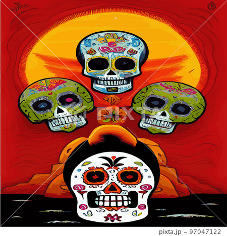 Traditional vetor illustration Day of Dead holiday, Mexican with sugar skulls tribute deceased. with floral ornament flower garland. design fabrics, textiles, paper, wallpapers Retro. Vintage style. 97047122