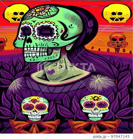 Traditional vetor illustration Day of Dead holiday, Mexican with sugar skulls tribute deceased. with floral ornament flower garland. design fabrics, textiles, paper, wallpapers Retro. Vintage style. Traditional vetor illustration Day of Dead holiday, Mexican with sugar skulls tribute deceased. with floral ornament flower garland. design fabrics, textiles, paper, wallpapers Retro. Vintage style. 97047145
