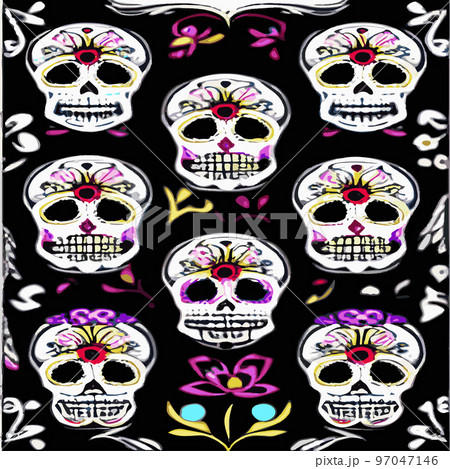 Traditional vetor illustration Day of Dead holiday, Mexican with sugar skulls tribute deceased. with floral ornament flower garland. design fabrics, textiles, paper, wallpapers Retro. Vintage style. 97047146