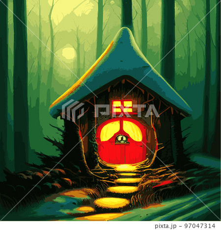 Beautiful Christmas fairy tale with decorated houses big Christmas tree. Amazing winter holiday card. Vector illustration . Fairy house in winter among Christmas trees and snow. cartoon illustration 97047314