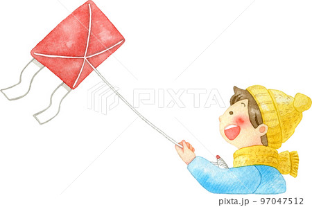 【お正月】凧あげをする子どもの水彩イラスト 97047512