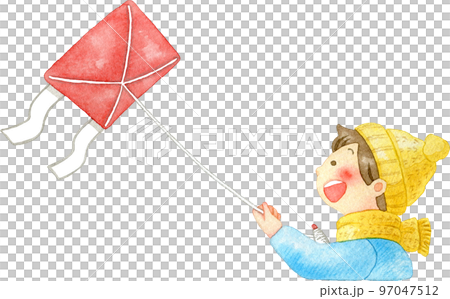 [New Year's] Watercolor illustration of a child flying a kite 97047512