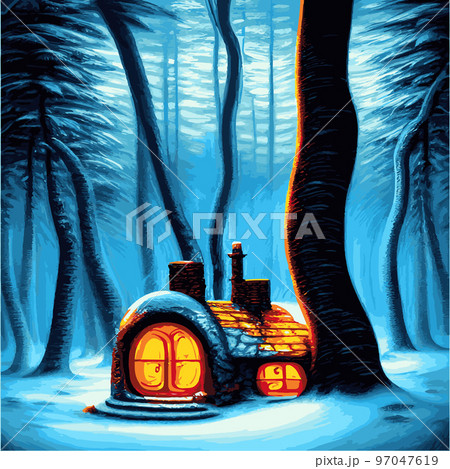 Beautiful Christmas fairy tale with decorated houses big Christmas tree. Amazing winter holiday card. Vector illustration . Fairy house in winter among Christmas trees and snow. cartoon illustration 97047619