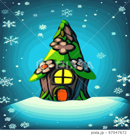 Beautiful Christmas fairy tale with decorated houses big Christmas tree. Amazing winter holiday card. Vector illustration . Fairy house in winter among Christmas trees and snow. cartoon illustration Beautiful Christmas fairy tale with decorated houses big Christmas tree. Amazing winter holiday card. Vector illustration . Fairy house in winter among Christmas trees and snow. cartoon illustration 97047672