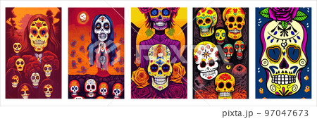 set vertical posters Day Dead. Traditional vetor illustration holiday Mexican region, with sugar skulls tribute deceased. with floral ornament flower garland. design fabrics, textiles, paper set vertical posters Day Dead. Traditional vetor illustration holiday Mexican region, with sugar skulls tribute deceased. with floral ornament flower garland. design fabrics, textiles, paper 97047673
