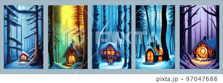 set Beautiful Christmas New Year vertical posters with decorated houses large Christmas tree. Amazing winter holiday card. Fairytale Christmas house forest with gifts. hut forest, lonely 97047688