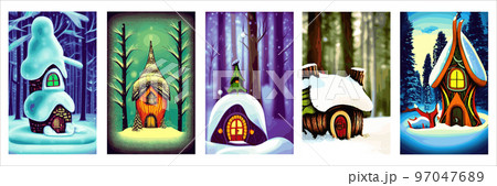 set Beautiful Christmas New Year vertical posters with decorated houses large Christmas tree. Amazing winter holiday card. Fairytale Christmas house forest with gifts. hut forest, lonely 97047689