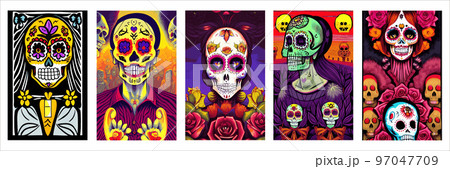 set vertical posters Day Dead. Traditional vetor illustration holiday Mexican region, with sugar skulls tribute deceased. with floral ornament flower garland. design fabrics, textiles, paper 97047709