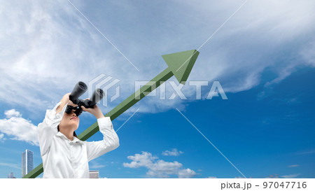 Asian businesswomen with binoculars looking at increasing arrows 97047716