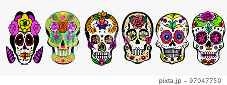 set of Vintage vector illustrations skull with flowers on white background banner. Skull with succulent plants. concept for the holiday of the Day of Remembrance of the Dead. Fashion designer print 97047750