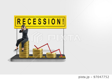 Asian businesswoman sitting on decreasing coin graph with recession sign Asian businesswoman sitting on decreasing coin graph with recession sign 97047752