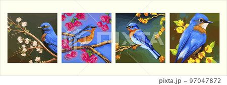 set square posters. Vintage bird sits branch flowering tree spring season. Nightingale branches with leaves. Beautiful vector illustration with hand drawn birds, Japanese flowers, spring wallpapers 97047872