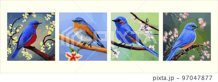 set square posters. Vintage bird sits branch flowering tree spring season. Nightingale branches with leaves. Beautiful vector illustration with hand drawn birds, Japanese flowers, spring wallpapers 97047877