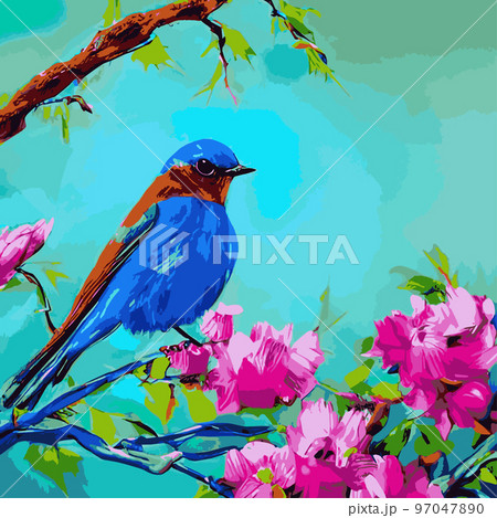 Bird sits branch cherry blossoms. Nightingale branches with leaves. Beautiful vector illustration with birds, Japanese flowers, tree, spring wallpaper, branches. Ideal for wallpapers, surface textures 97047890