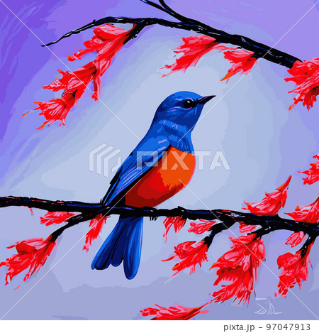 Bird sits branch cherry blossoms. Nightingale branches with leaves. Beautiful vector illustration with birds, Japanese flowers, tree, spring wallpaper, branches. Ideal for wallpapers, surface textures Bird sits branch cherry blossoms. Nightingale branches with leaves. Beautiful vector illustration with birds, Japanese flowers, tree, spring wallpaper, branches. Ideal for wallpapers, surface textures 97047913