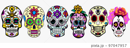 set of Vintage vector illustrations skull with flowers on white background banner. Skull with succulent plants. concept for the holiday of the Day of Remembrance of the Dead. Fashion designer print 97047957