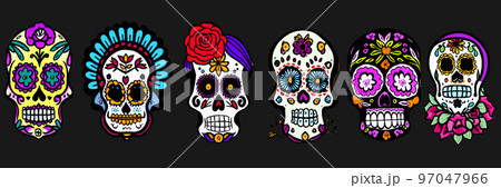 set of Vintage vector illustrations of a skull with flowers on a black background banner. Skull with succulent plants. concept for the holiday Day Remembrance of the Dead. Fashion designer print 97047966