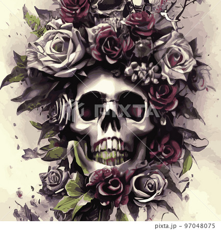 Skull with flowers, roses and pumpkins for Halloween. Vector illustration for autumn halloween holiday in vintage old style. Gothic romantic human skull 97048075