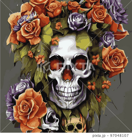 Gothic romantic human skull red roses and pink peonies with small pumpkins for halloween, clothing template and t-shirt design, day of the dead. Vector stickers, prints, patches vintage Gothic romantic human skull red roses and pink peonies with small pumpkins for halloween, clothing template and t-shirt design, day of the dead. Vector stickers, prints, patches vintage 97048107