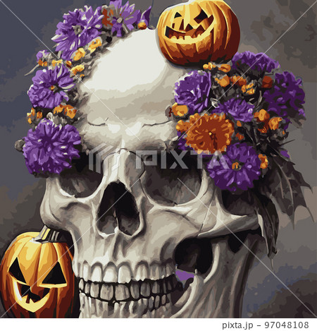 Skull with flowers, roses and pumpkins for Halloween. Vector illustration for autumn halloween holiday in vintage old style. Gothic romantic human skull Skull with flowers, roses and pumpkins for Halloween. Vector illustration for autumn halloween holiday in vintage old style. Gothic romantic human skull 97048108