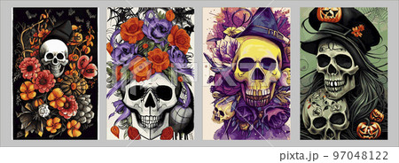 Day of the dead skulls and flowers, vintage vector illustration set of four square posters. Vintage floral skull for autumn halloween holiday. 97048122