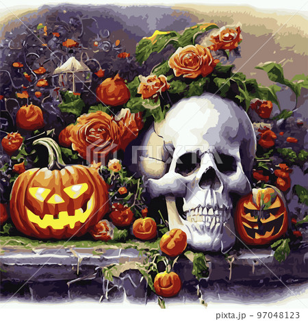 Skull with flowers, roses and pumpkins for Halloween. Vector illustration for autumn halloween holiday in vintage old style. Gothic romantic human skull Skull with flowers, roses and pumpkins for Halloween. Vector illustration for autumn halloween holiday in vintage old style. Gothic romantic human skull 97048123