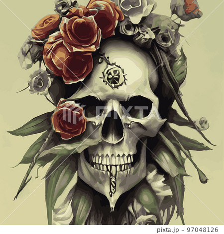 Gothic romantic human skull red roses and pink peonies with small pumpkins for halloween, clothing template and t-shirt design, day of the dead. Vector stickers, prints, patches vintage 97048126